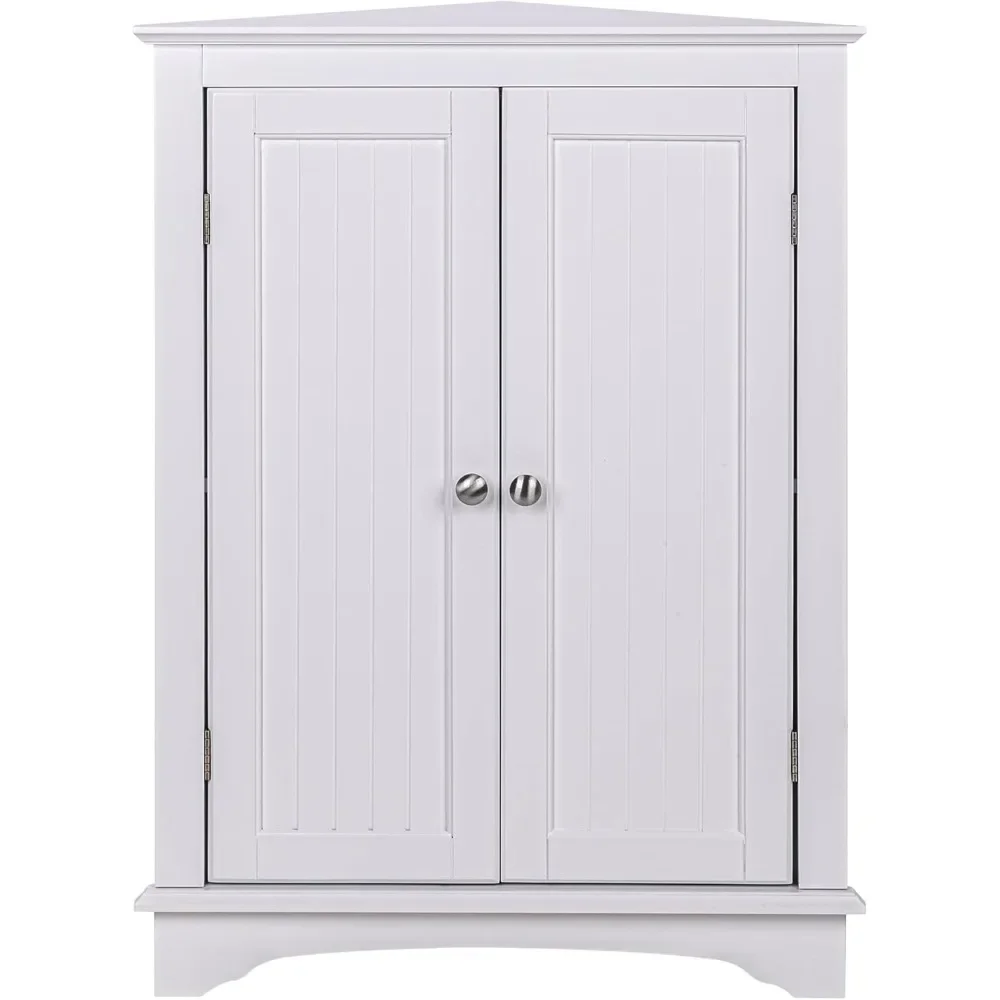 Home Floor Corner Cabinet with Two Doors and Shelves, Free-Standing Corner Storage Cabinets for Bathroom, Kitchen, Living Room