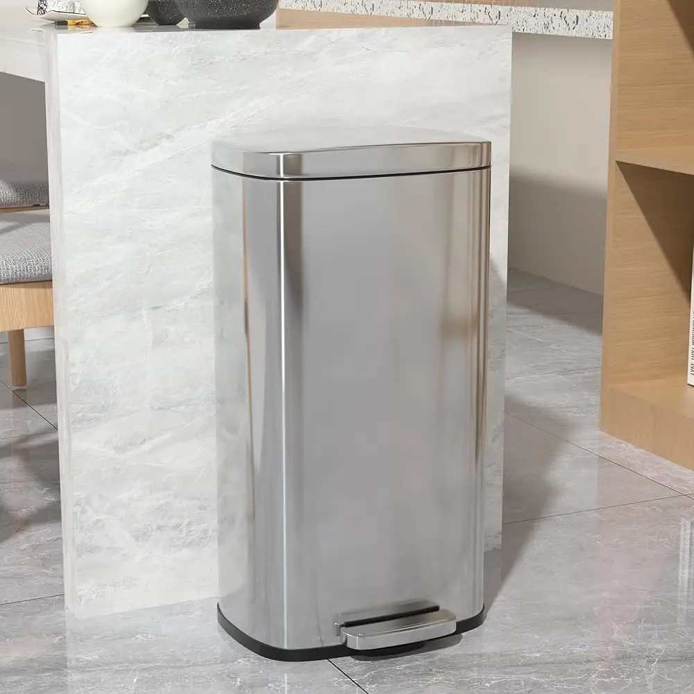

8 Gallon 30L Trash Can With Hinged Lid And Removable Inner Bucket Stainl Steel Kitchen Trash Can Silent Garbage Can Touch-Free