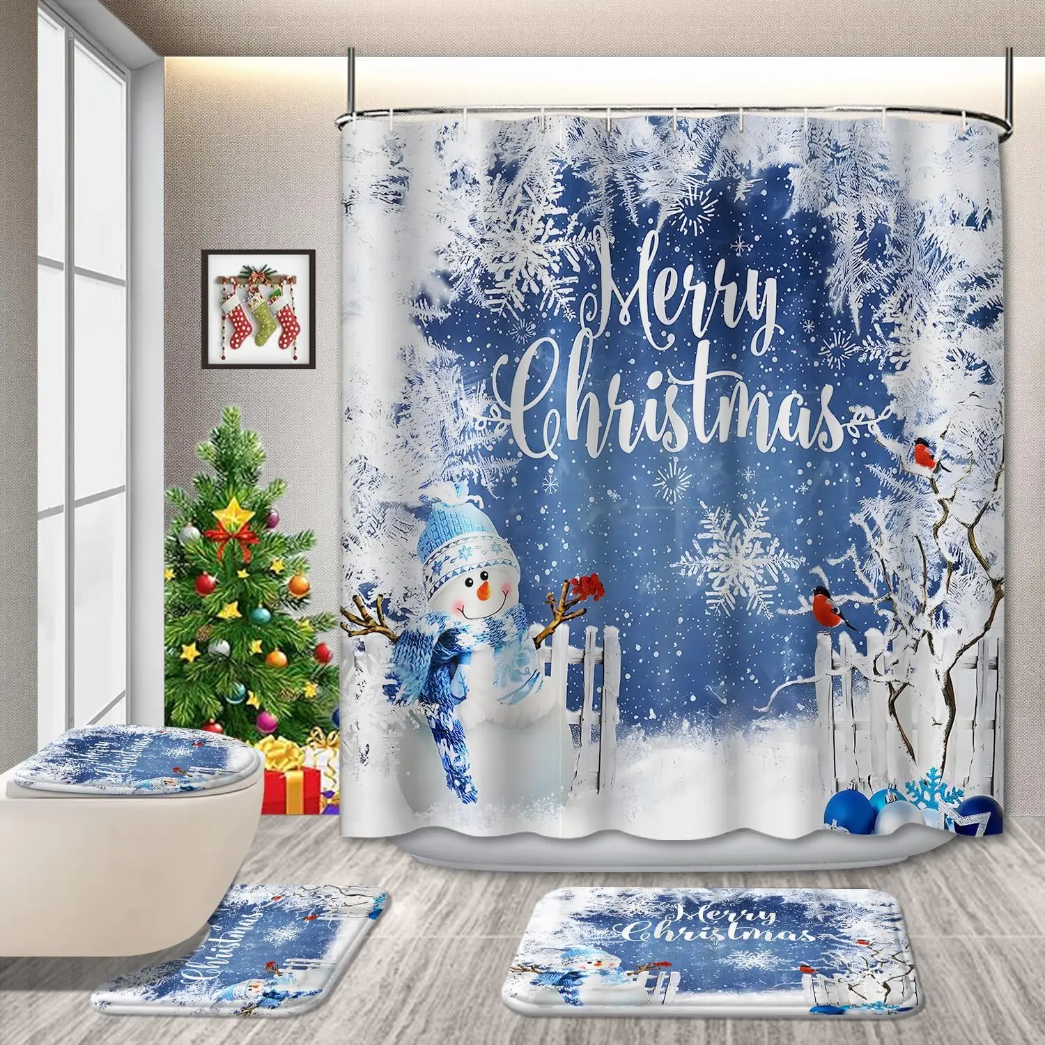 

4 Pcs Christmas Snowman Shower Curtain Sets with Rugs, Toilet Lid Cover Bath Mat, White Snowflake Winter Holiday Festival Rustic