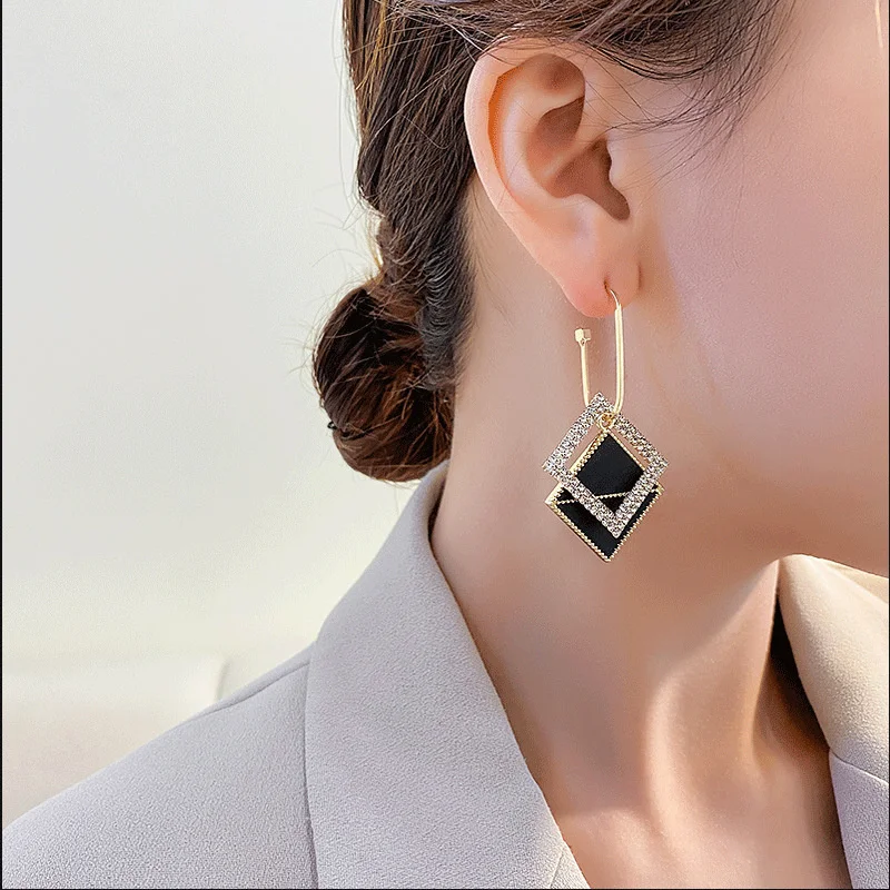 Luxury Trend Black Color Double Layer Earrings For Women Korean Crystal Zircon Geometric Earring Bride Wedding Statement Jewelry