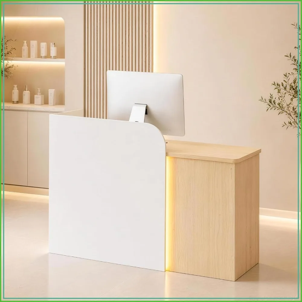 LED Reception Desk w/ Lockable Drawer, White Oak, 47.2