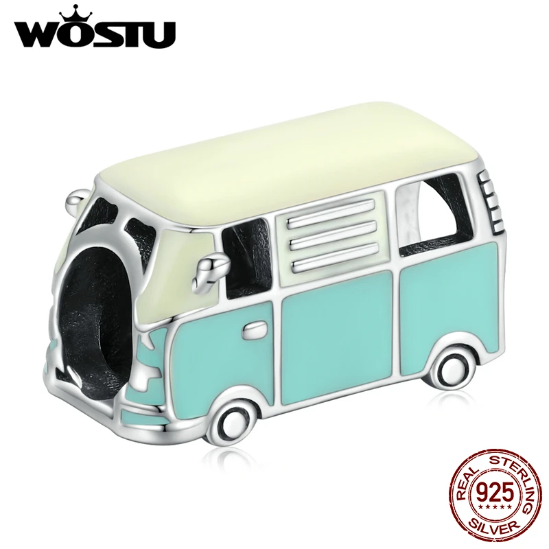 

WOSTU Real 925 Sterling Silver Orange Minibus Car Pendant Charm Beads Fit Original Bracelet DIY Jewelry CQC1972