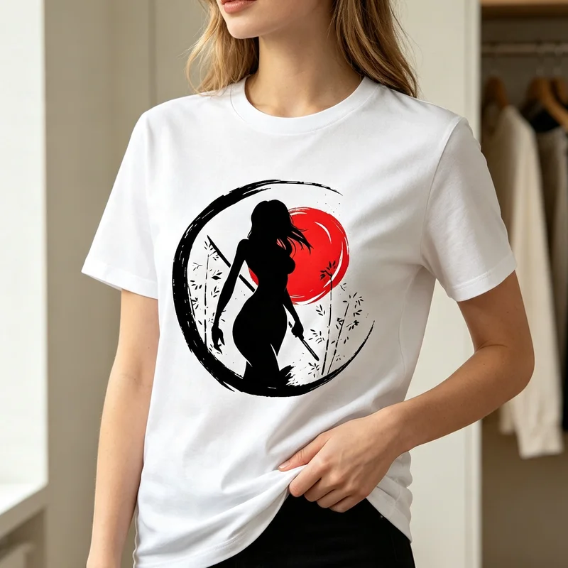 Red Moon Silhouette Japanese Art T-Shirt Asian Ink Bamboo Tee Casual Streetwear for Men Women Minimalist Black White Red Top