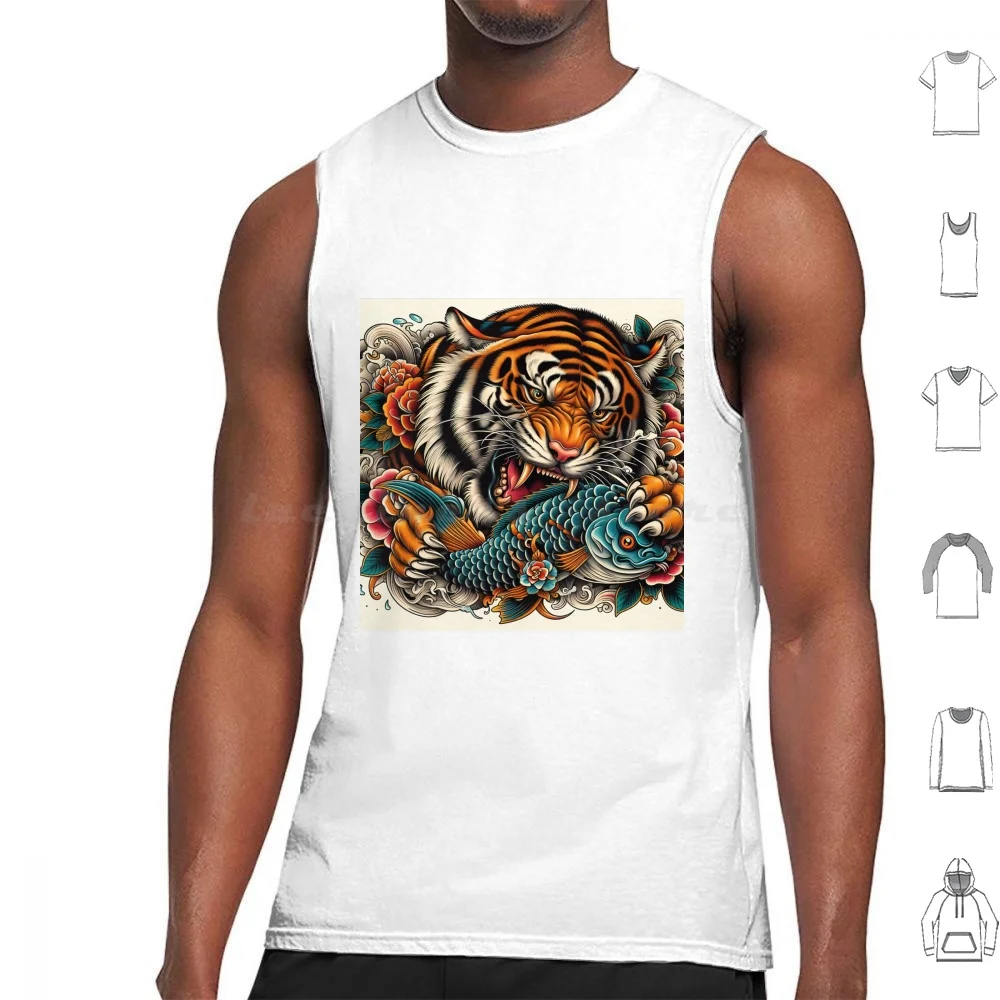 Fierce Tiger Grasping A Koi Fish Tank Tops Vest Sleeveless Tiger Koi Fish Traditional Tattoo Tattoo Art Japanese Tattoo