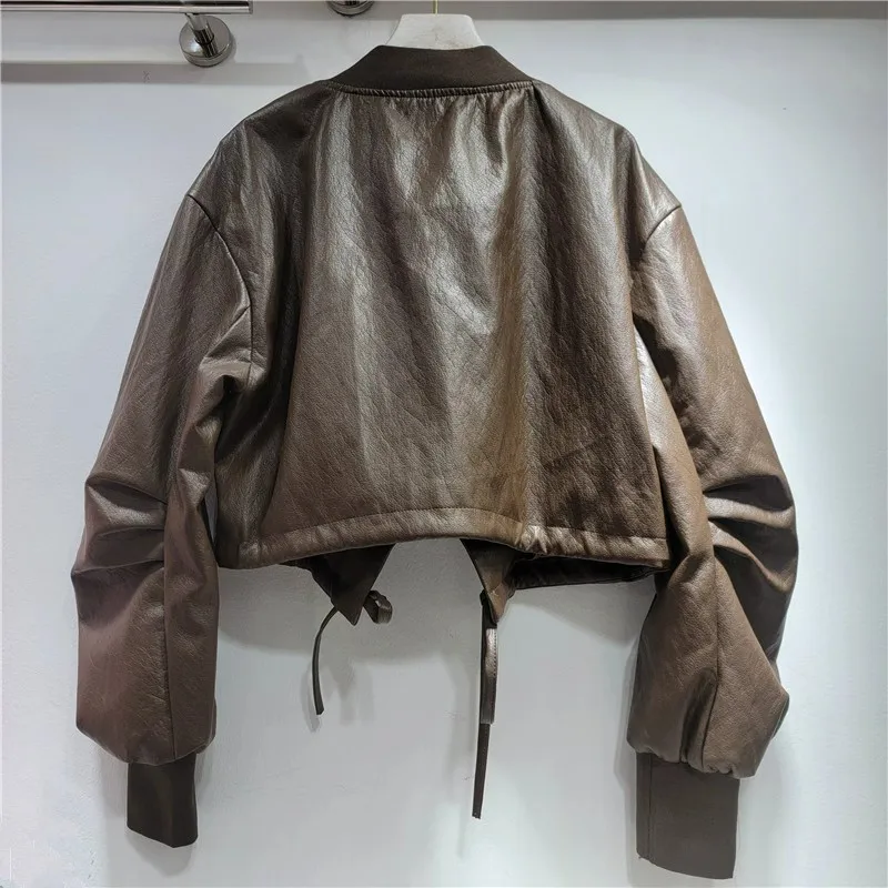 여성용 2025 가을 신상 패션 라인스톤 장식 코트 여성용 솔리드 컬러 인조 가죽 재킷 루즈 롱 슬리브 재킷