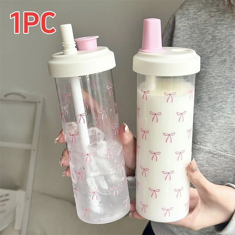 Leak-proof  Water Cup 750ml Large Capacity Pink Bow Print Tumbler Water Bottle with Straw Lid Girly Attractive Drinking Cup view 4