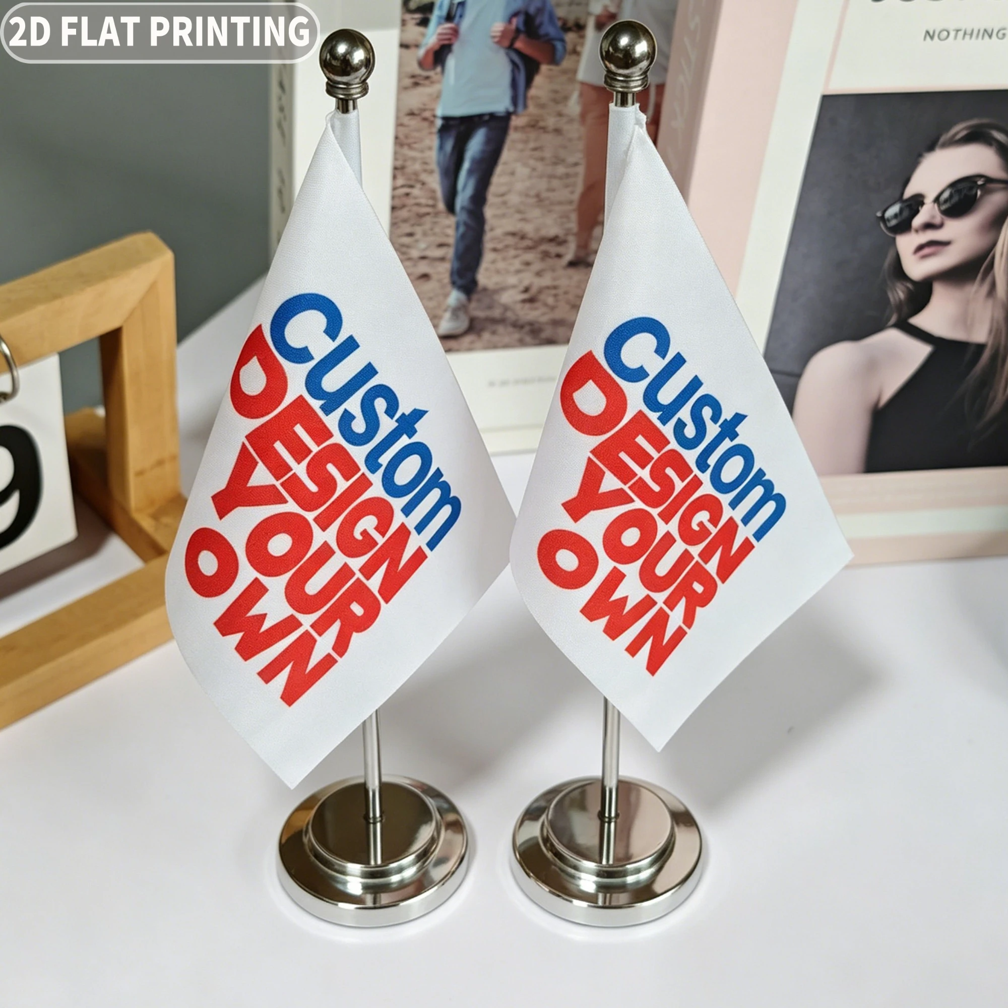 2 Sets Custom Desktop Office Flag Set, Solid Plastic/ Metal Flagpole (Single-Sided Printing), with Black Base/ Sliver Base view 5