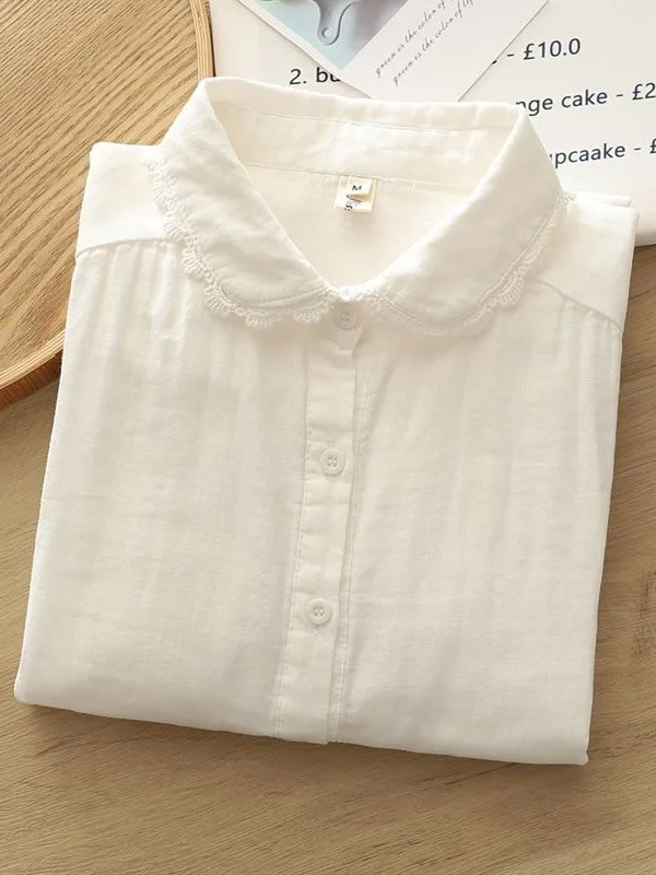 

Double Layer Cotton Long Sleeve Shirt Japanese Style Lace Artistic Pure Cotton Soft Trim Shirt White Blouse Comfortable...