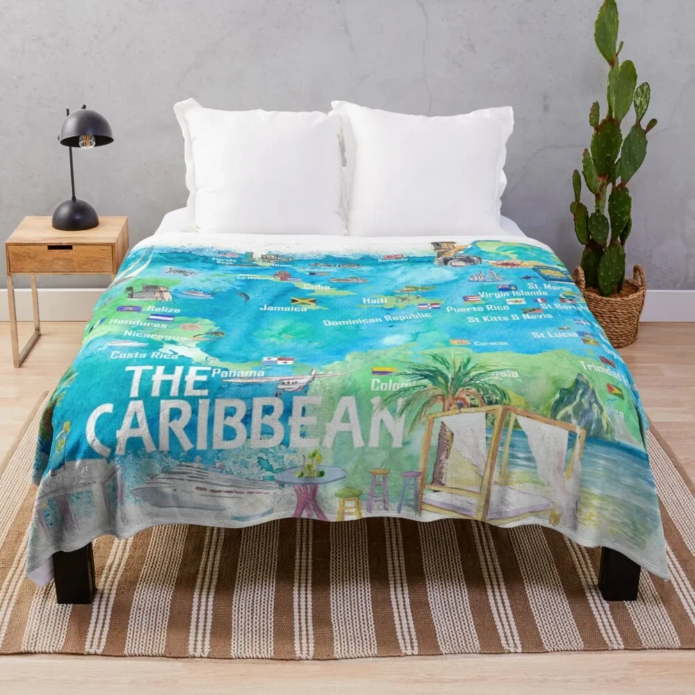 

Eastern and Western Caribbean Illustrated Travel Map with Landmarks Highlights and Impressions Throw Blanket