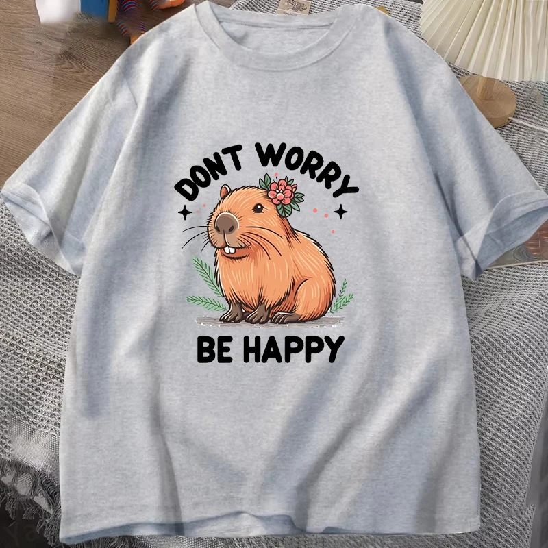 Funny Cartoon Dolphin Print T-Shirt Men Women Loose Short Sleeve Round Neck Top Dont Worry Be Happy Letter Pattern Cotton Tees