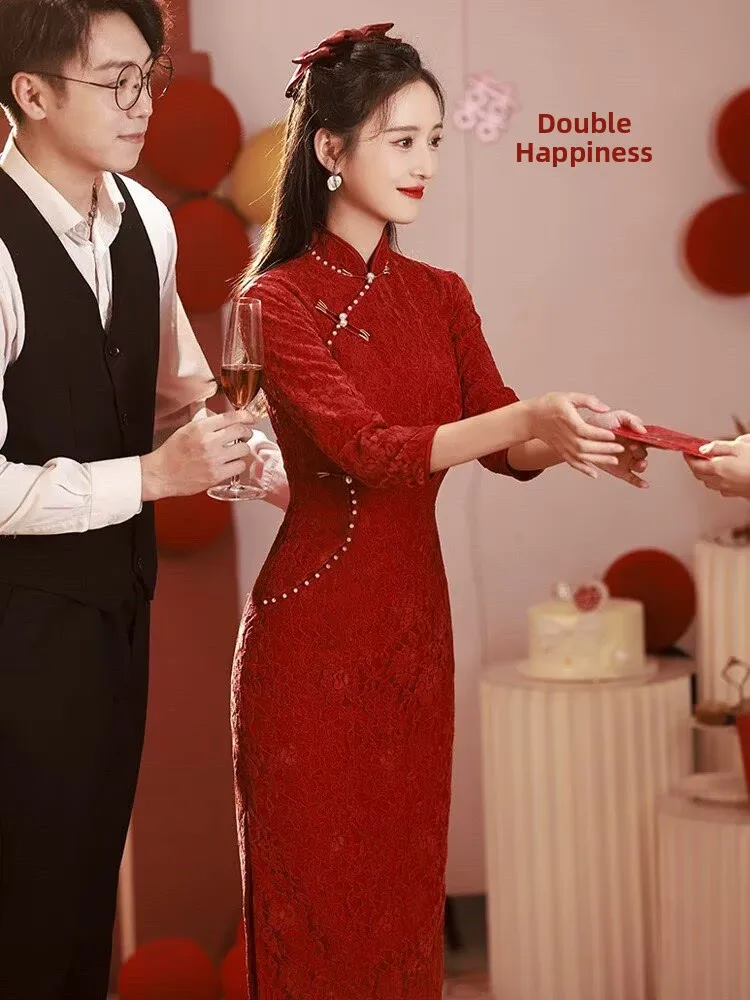 

Новое улучшенное китайское платье-ципао Ele Red для женщин: модное, для свадьбы, помолвки и церемоний, в китайском стиле