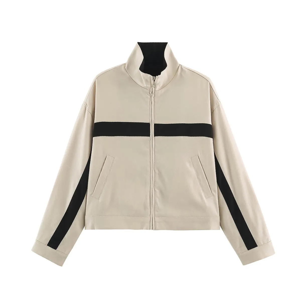 Fashionable Stand Collar Color Block Zipper Jacket Women's Standard Fit Polyester Short Outerwear Versatile Design Autumn New...
