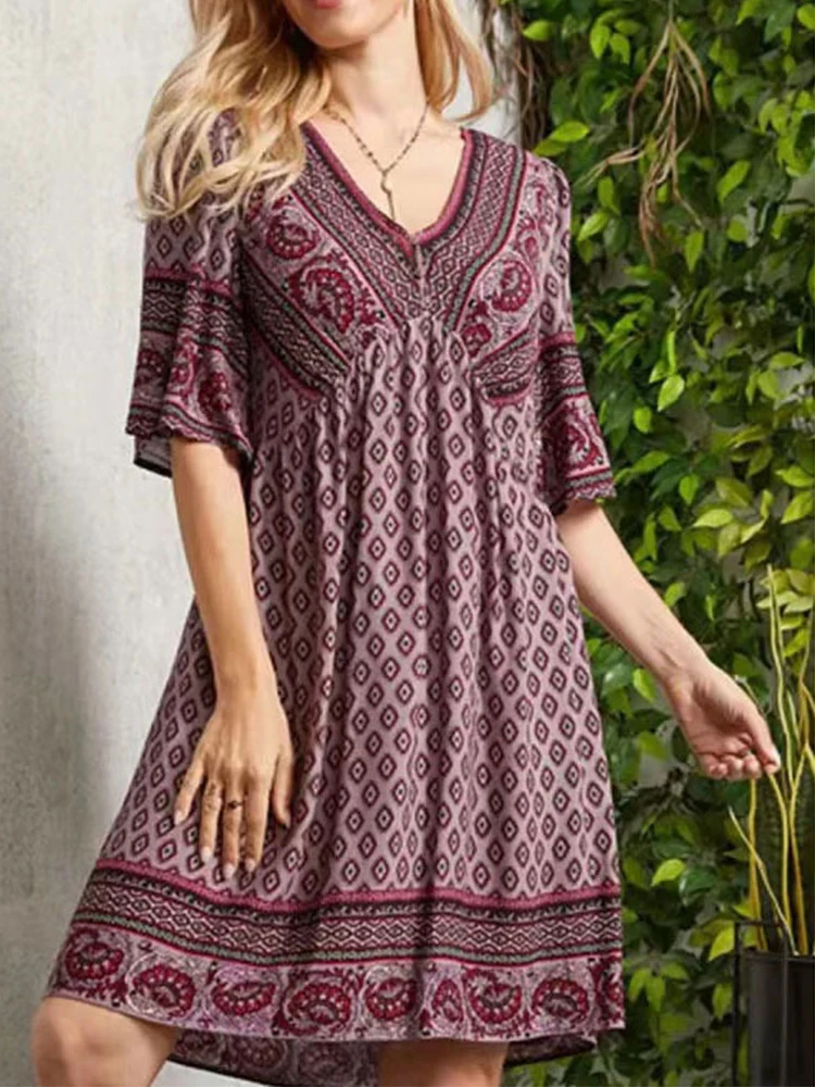 Verão Boho Mini Vestido Para Mulheres Vintage Casual Loose Holiday Vestido Curto Feminino Retro V-neck Estilo Nacional Beach Sundress 2023