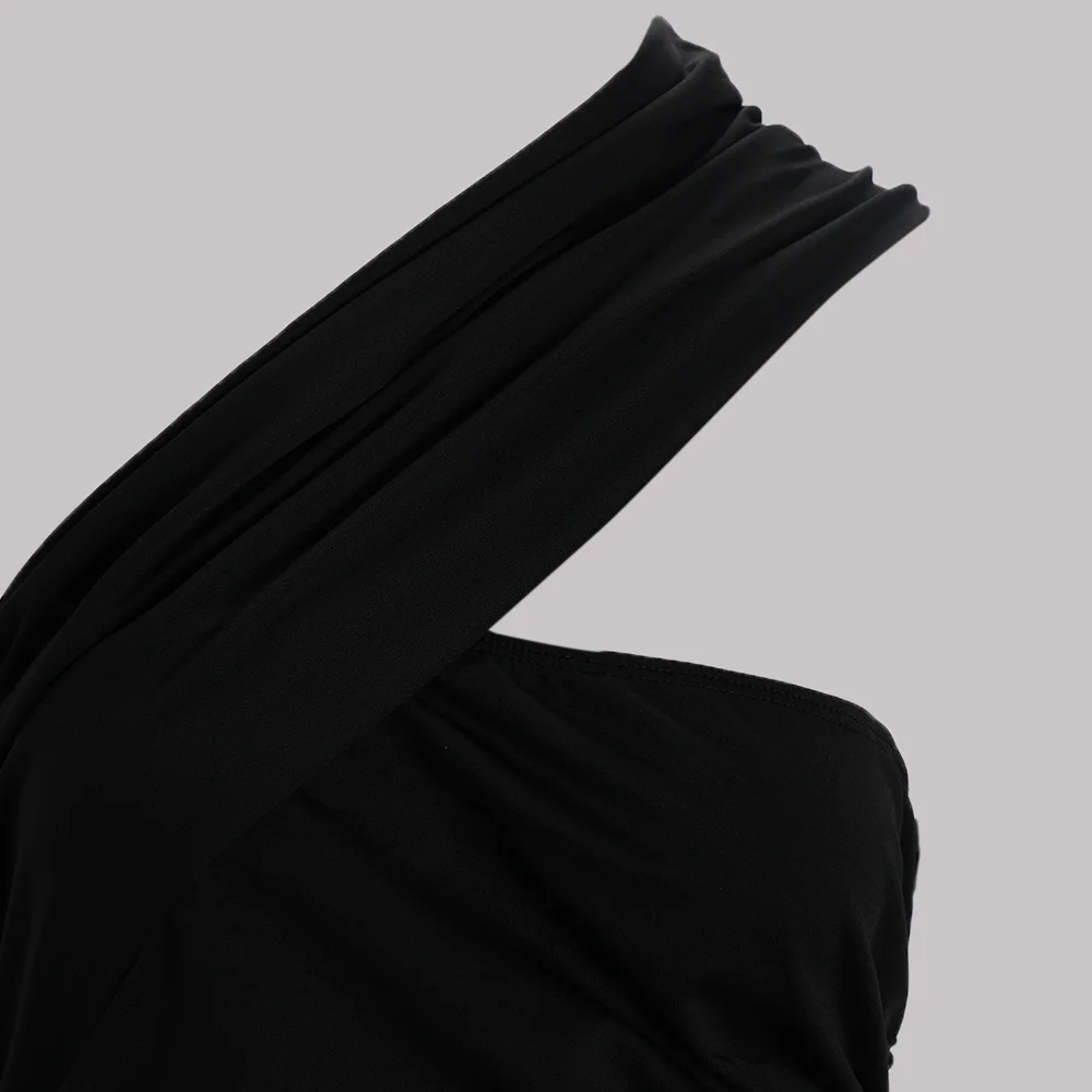 Gaun Musim Semi Musim Panas Elegan Sopan Lipatan Asimetris Tanpa Lengan Satu Bahu Pas Badan Gaun Ramping Gaun