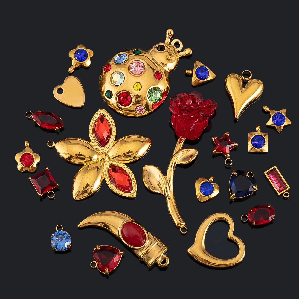 

2/5/10pcs Stainless Steel Zircon Pendants Heart Flower Charms For DIY Jewelry Making Bracelet Handmade Accessories Wholesale