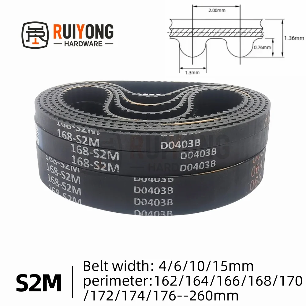 

S2M Belt Length162/164/166/168/170/172/174/176-260mm Width 4/6/10/15mm STS S2M Closed-loop Synchronous Rubber Timing Belts