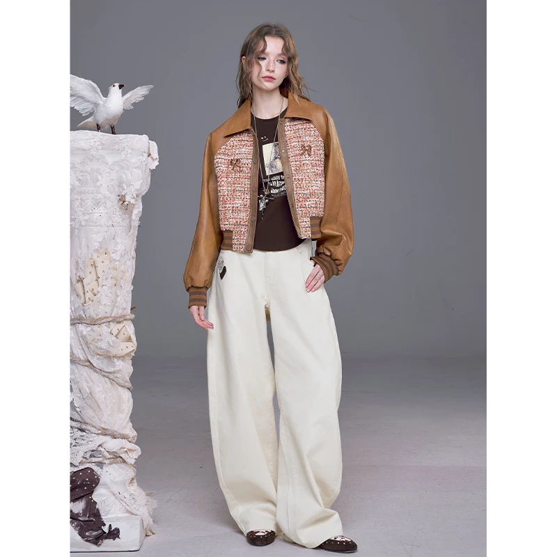 ELFSACK 2025 Autumn New Arrivals Casual Vintage Tweed Patch Bow Embroidery Faux Leather Short Jacket For Woman