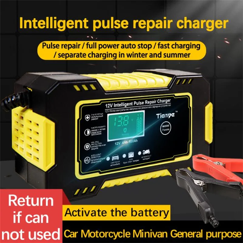 Car Battery Charger 12V Intelligent Pulse Repair LCD Smart Fast Charge AGM Deep Cycle GEL Lead-Acid Charger For Auto Motorcycle