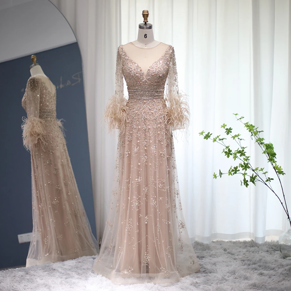 Sharon Said Luxuriöses Abendkleid mit Perlen und Silberfedern in Champagner für Damen, Hochzeit, Bankett, formelle Gala, Partykleid SS101, Maßanfertigung – Detail 3