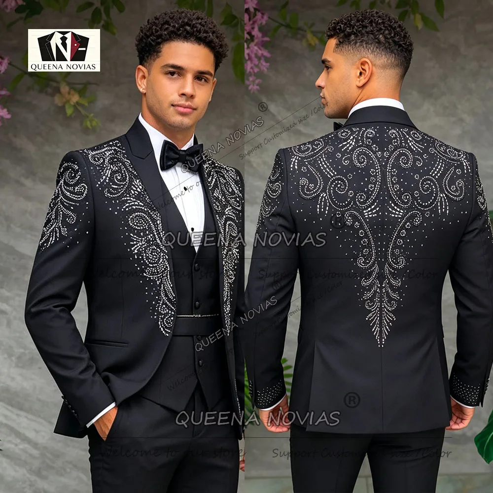 Customized Groom Suit Set For Wedding Italian Deisgn Men Crystals Beaded Stones Prom Blazers Formal Party Man Tuxedo 3 Pieces