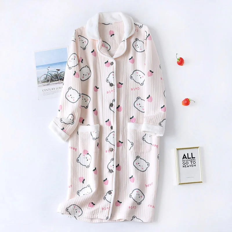 Three-Layer Thickened Warm Cardigan Mid-length Thickened Cotton Nightgown Autumn Winter Air Cotton Cartoon Home Wear