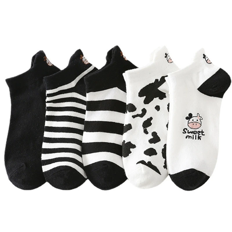 

5 Pairs Cartoon Cow Animal Print Low Cut Boat Socks Women Girls Black White Casual Summer Cotton Tab Back Ankle Hosiery