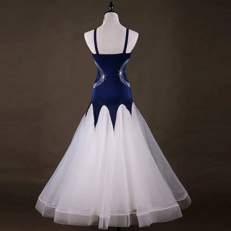 V‑neck spaghetti strap ballroom dance dress with star scattered rhinestone decor,color‑contrast pointed full skirt,suitable for
