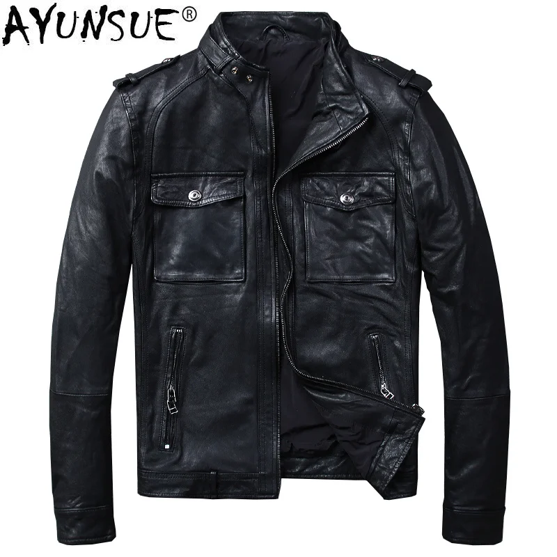 

Genuine Leather Jacket Men Casual Real Sheepskin Coat Motorcycle Man Bomber Chaqueta Cuero Hombre 9816 KJ1928