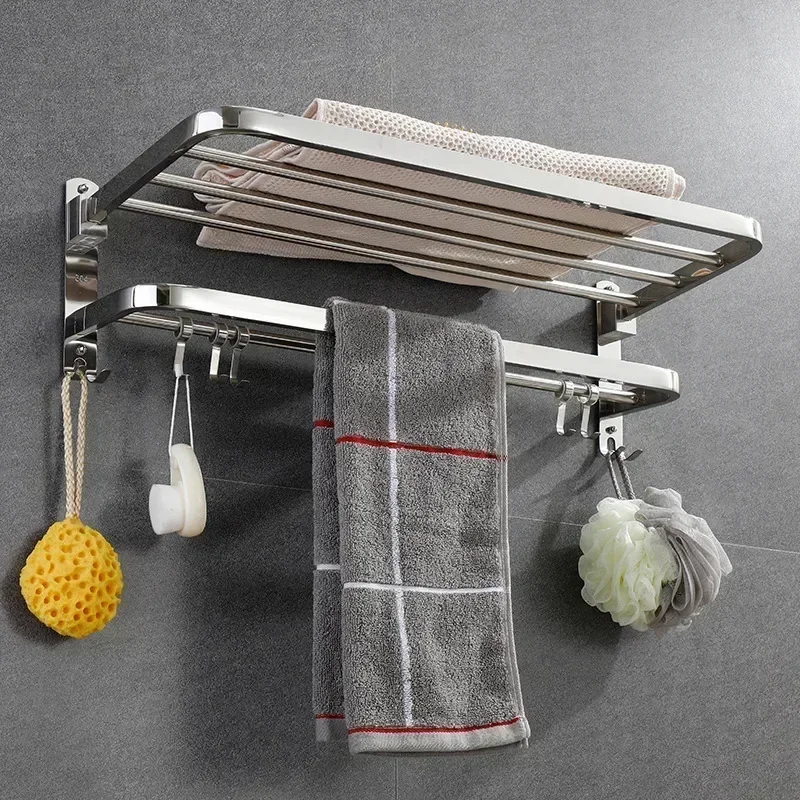 

Wall-Mounted 304 Stainless Steel Foldable Towel Rack Non-Punching Bathroom Storage Organizer Modern Hardware for Bathrooms