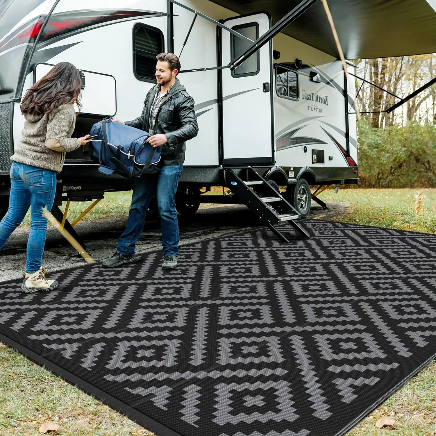 Outdoor Rug, Waterproof Plastic Rugs 10'x14' for Camping Black Grey | Outside Larger Modern Carpet Mat for Patio Decor, RV, Porc