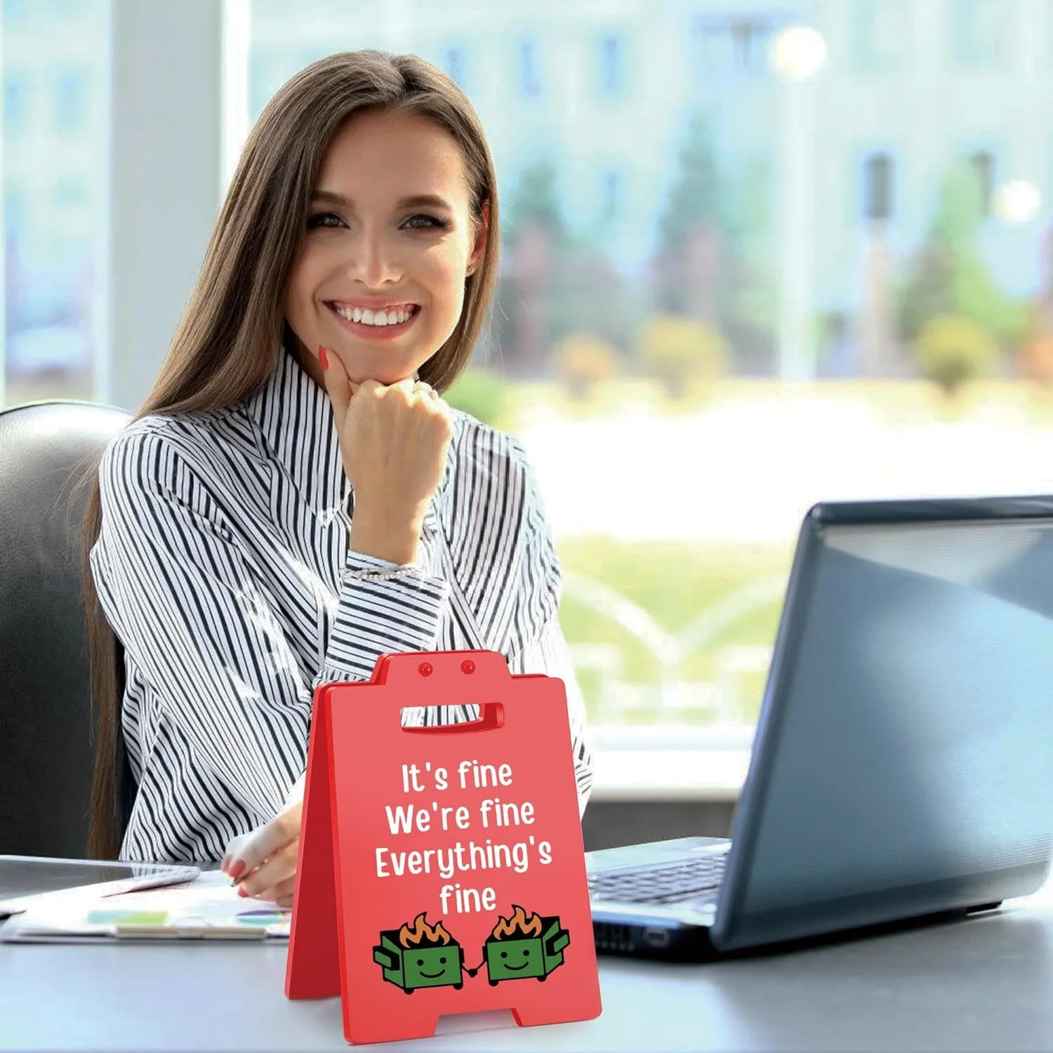 Dumpster Fire Desk Sign - Funny Office Decor for Men & Women Red cubicle decor gift for coworkers, friends, and work besties Fea