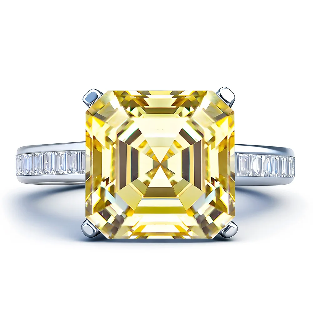 

New 925 silver inlaid gold square pagoda ring women's 10x10mm large sugar cube high carbon diamond ring