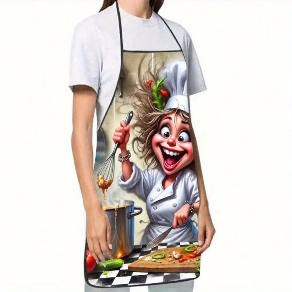 Funny Cartoon Chef Apron, Crazy Woman Cooking Kitchen Bib, Novelty Humor Baking Apron, Gag Gift for Her