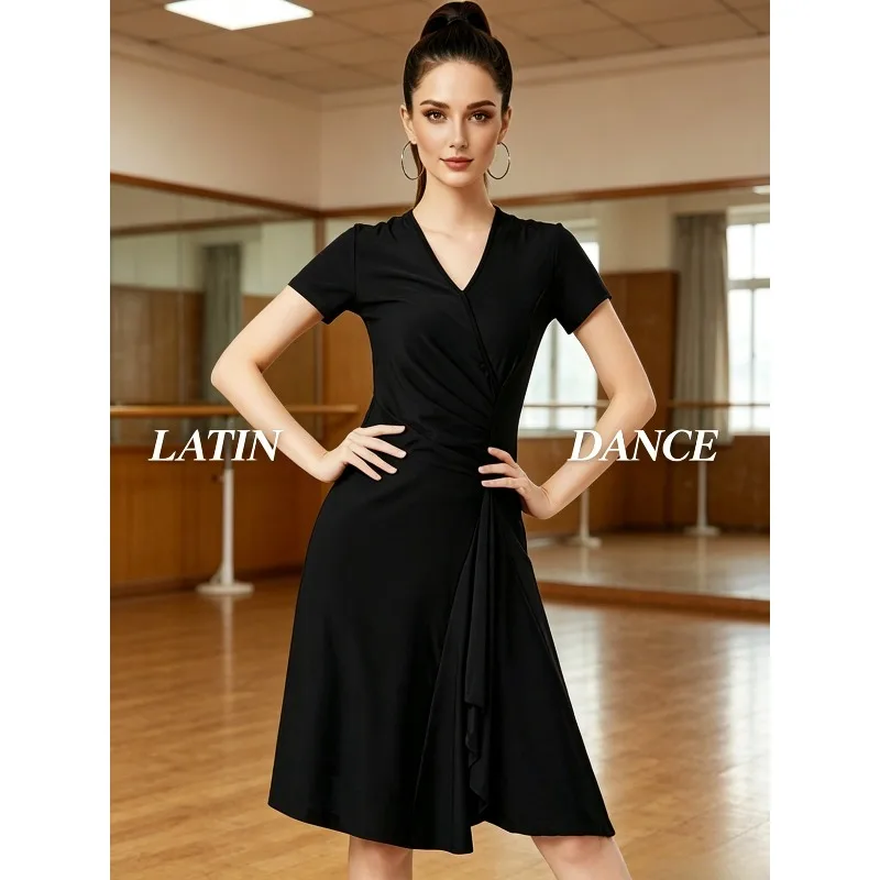 

Women Sexy Fashion Black V-neck Short Sleeve Latin Dance Dress S-3XL Adult Ballroom Training Practice Performance Costume