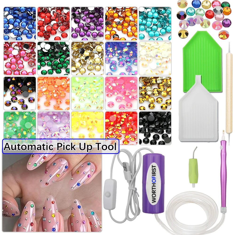 20 Colors Resin Rhinestone With Electric Automatic Pick Up Tool Kit, Non Hotfix Flatback Gems, for Bedazzled Nail Art, Crafts