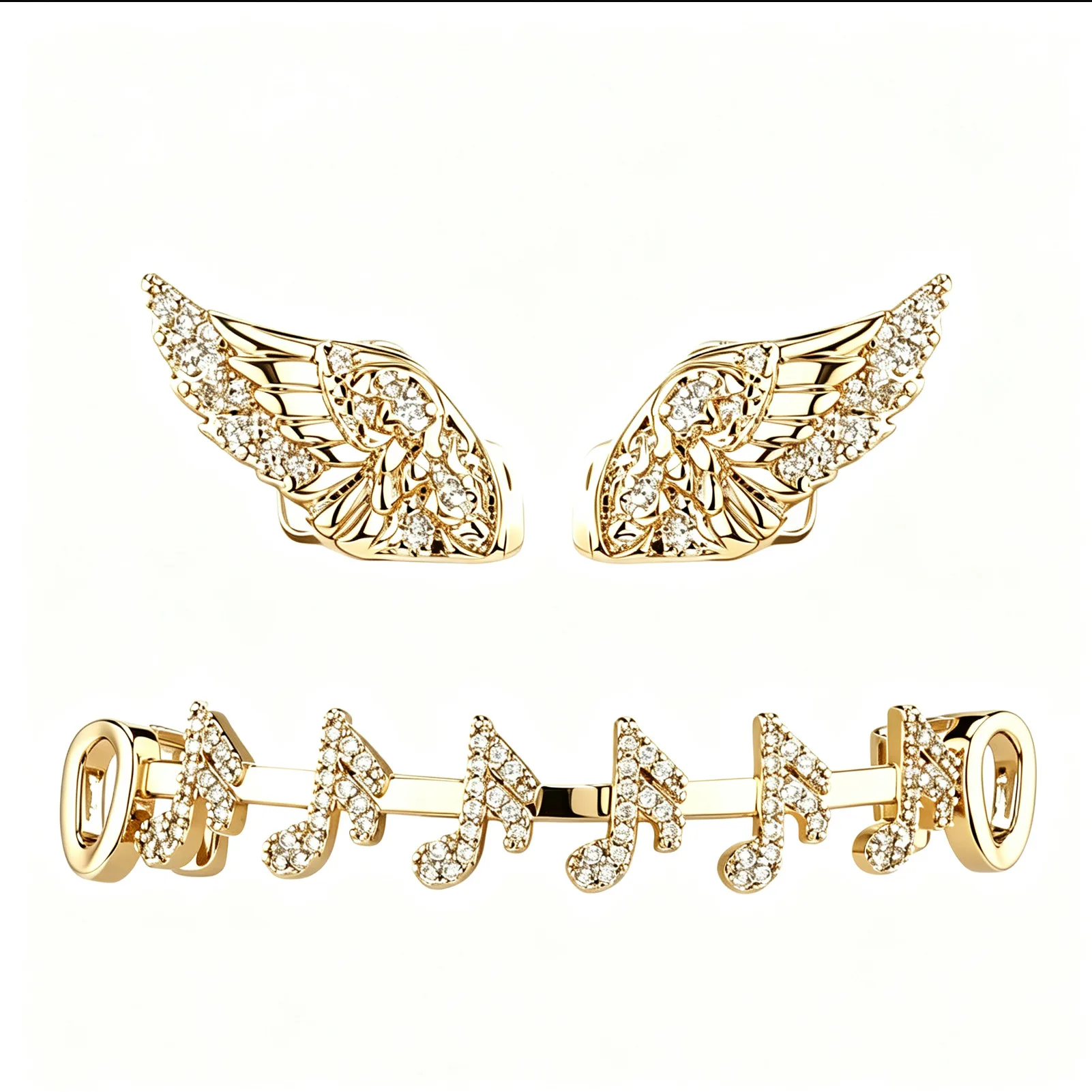 Angel Wing Music Note Grillz Tooth Cap Combo Set Hollow Cutout CZ Iced Out Sweet Hip Hop Rapper Trendy Gift for Women Party