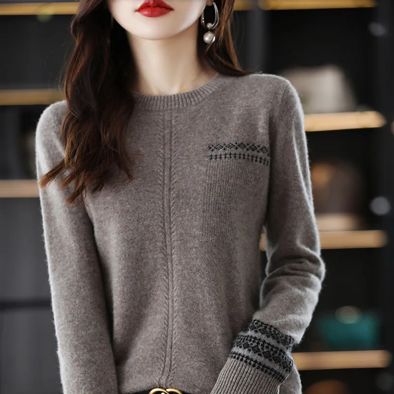 New Autumn Korean Fashion Round Neck Versatile Loose Color Matching Casual Slimming Long Sleeve Women's Style Knitted Sweater