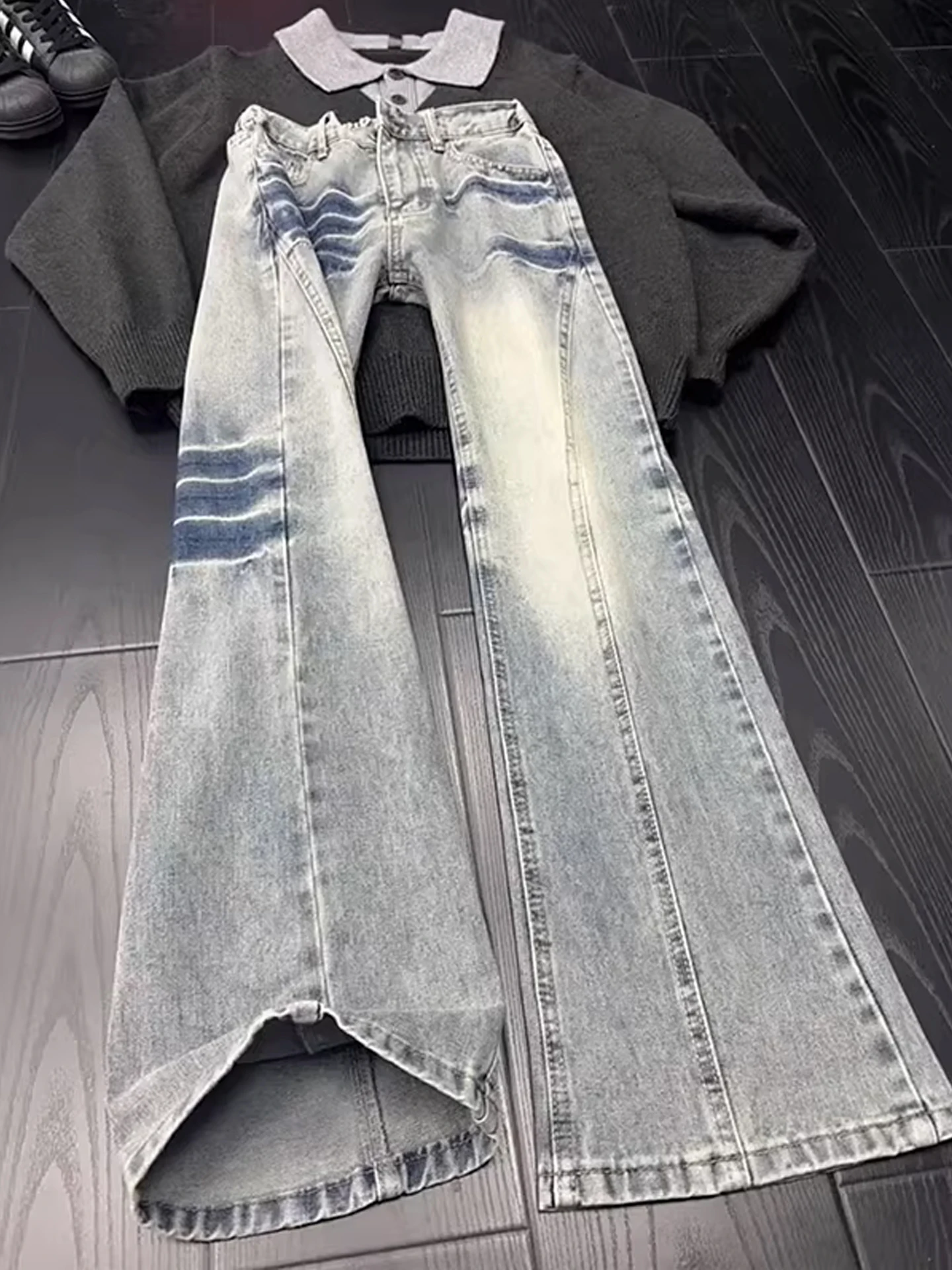 

Мужские джинсы с узором Thunderbolt, скошенным кроем и расклешенными штанинами, утепленные флисом, в американском ретро-стиле, свободные, прямые, длинные брюки