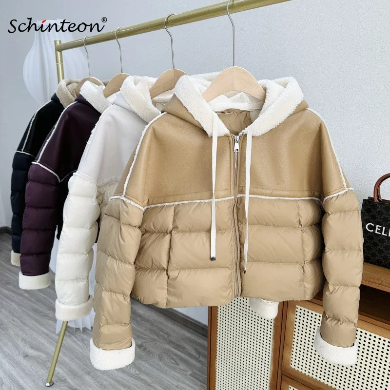 Schinteon Women PU Leather Lambswool Patchwork White Duck Down Jacket with Hood Autumn Winter Thick Warm Outwear Loose Coat 2024