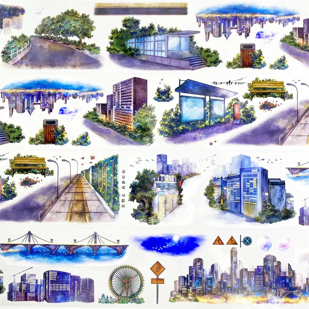 1Loop/5M City Nightscape Lights Buildings and Bridges Scene PET Tape Washi Journal Collage Decoration Landscape