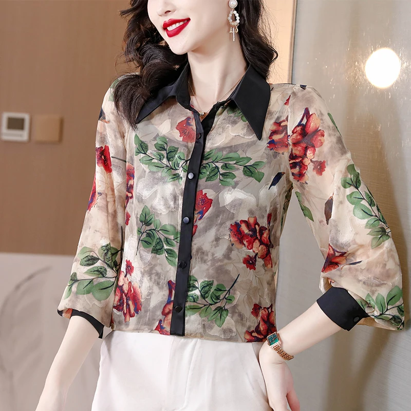 Vintage damesblouses Casual bedrukte shirts Mode losse lente/zomer chiffon kleding Koreaanse damestops met lange mouwen
