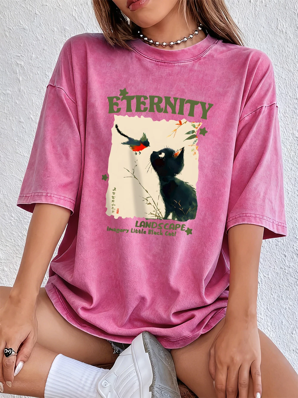 Eternity Landscape Imagery Black Cat Cotton Washed T-Shirt Women Summer Casual Oversize Tops Street O-Neck Distressed Streetwear