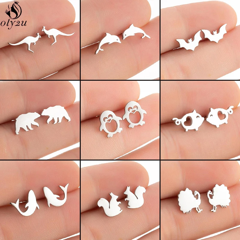 Multiple Mini Stainless Steel Earings Fashion Jewelry Lovely Kangaroo Dolphins Penguin Bat Stud Earrings Women Animal Studs Gift