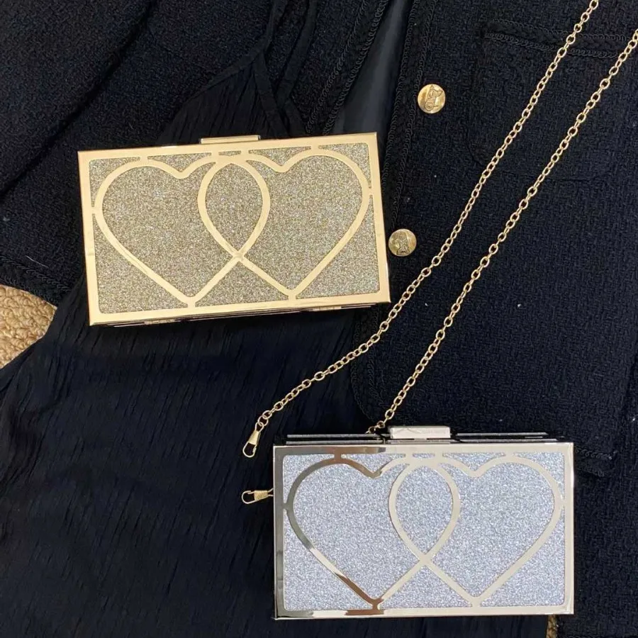Double love hollow metal frame dinner bag glitter acrylic clutch bag wedding banquet chain oblique