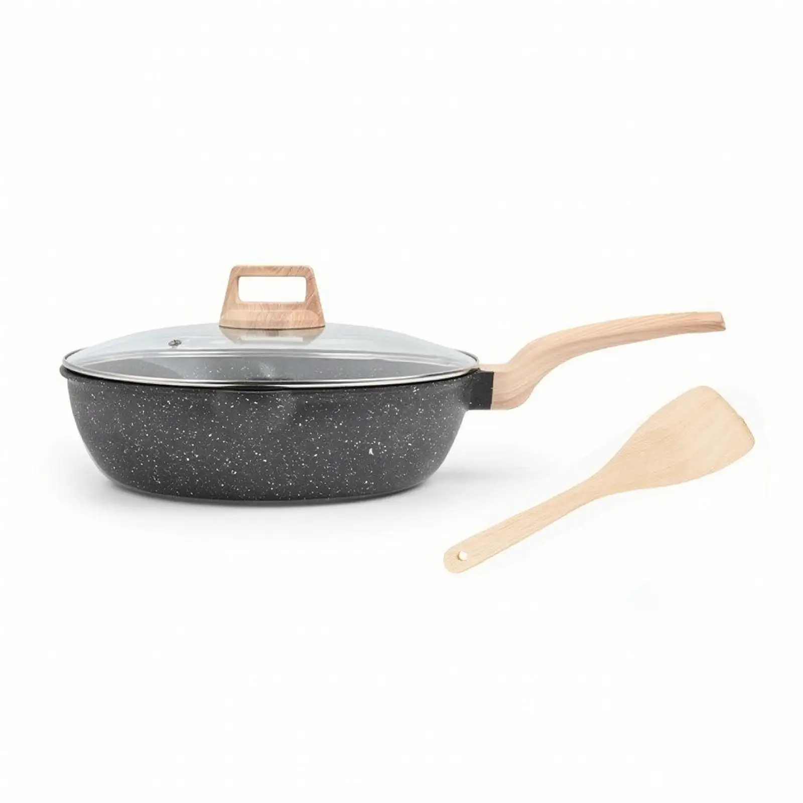Aluminum Alloy Deep Frying Pan with Rock Coating and Glass Lid for Home Kitchen Cooking Skillet for Stir Fry and Simmer