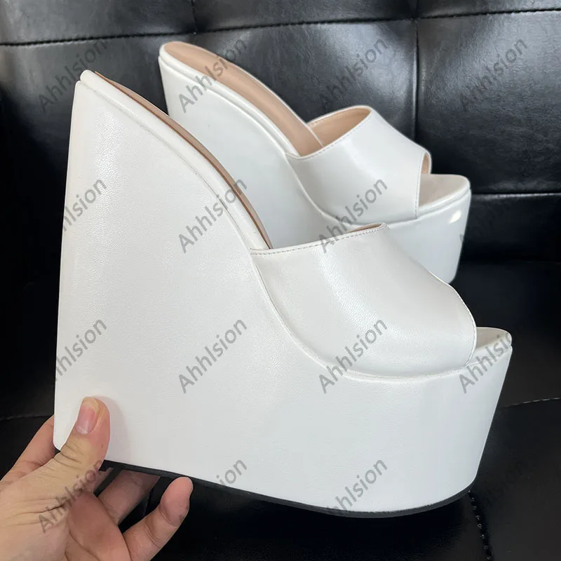 Ahhlsion Real Photos Women Summer Slingback Sandals Wedges High Heels Round Toe White Party Shoes Ladies US Plus Size 4-15