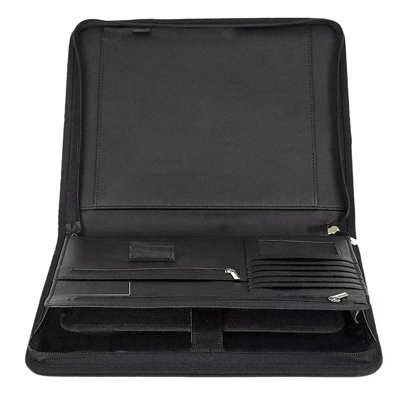 Black Large Man Leather Zippered Portfolio Folder portafolio for A4 Document Organizer Foliios Holder Executive Briefcase Office