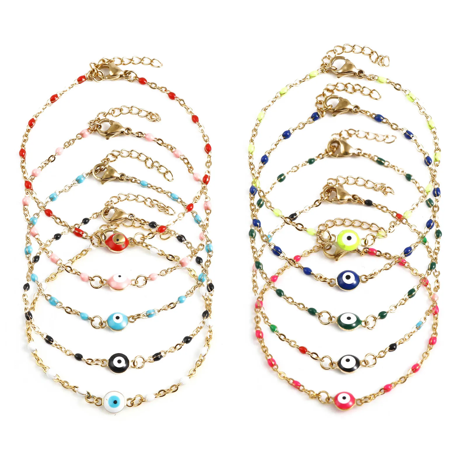 

1pc Stainless Steel Religious Evil Eye Bracelet Enamel Beads Link Cable Chain Bracelet Gold Color For Women Men Gift 17.5cm Long