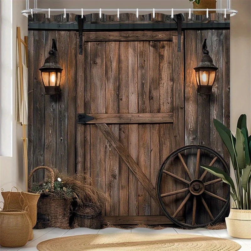 1pc Rustic Barn Door Shower Curtain Wooden Planks Vintage Lanterns Wagon Wheel Wheat Basket Home Bathroom Decorative Curtains Mo