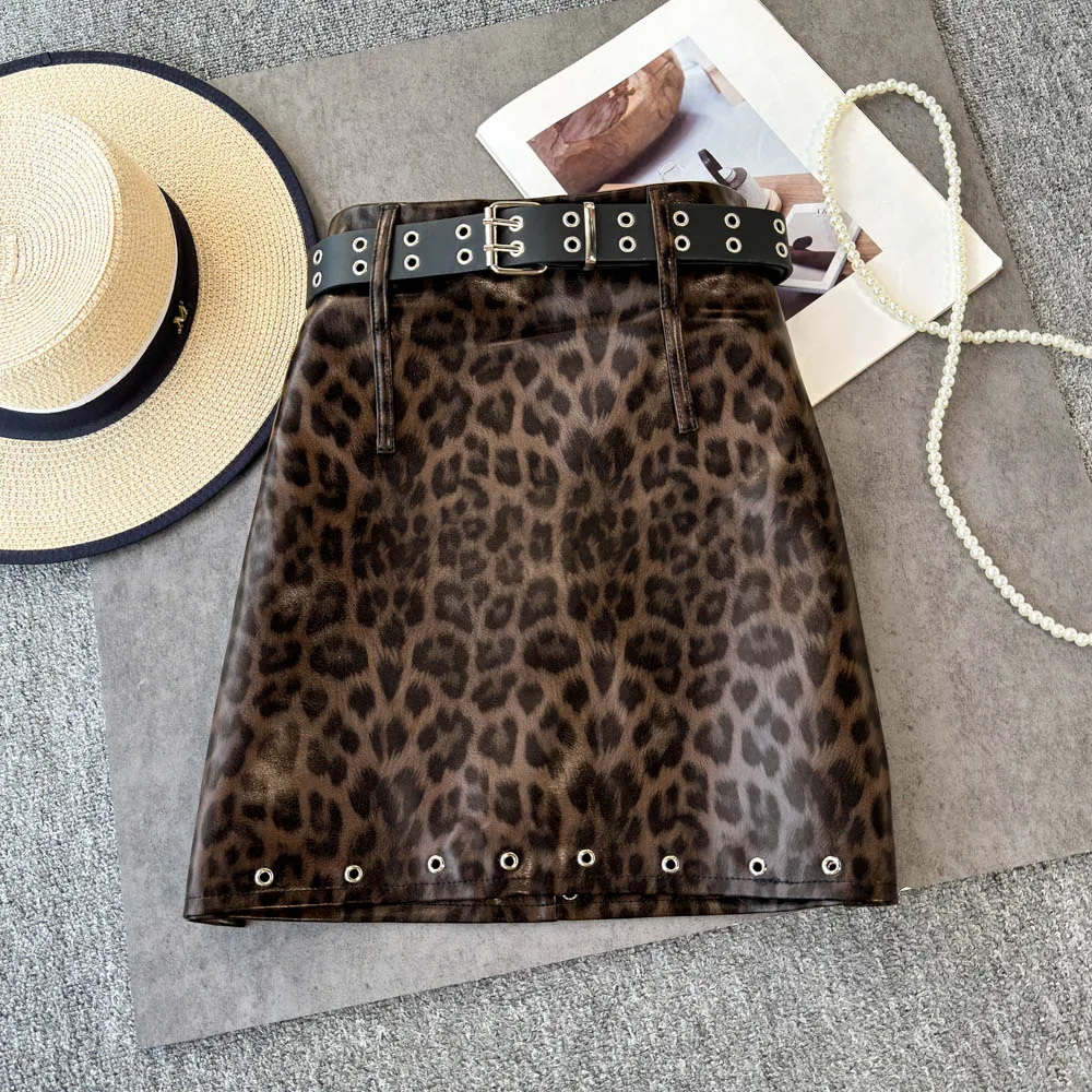 Hotsweet Basics Vintage High Waist PU Leather Leopard Belt Slim A-line Short Skirt Fashion High Street Autumn Winter Clothing